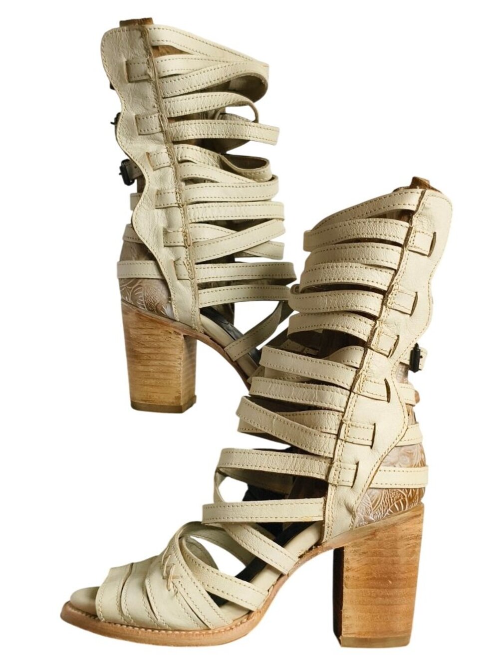Freebird 6 Makayla Leather Gladiator Sandals Strappy Heeled Embossed Buckle